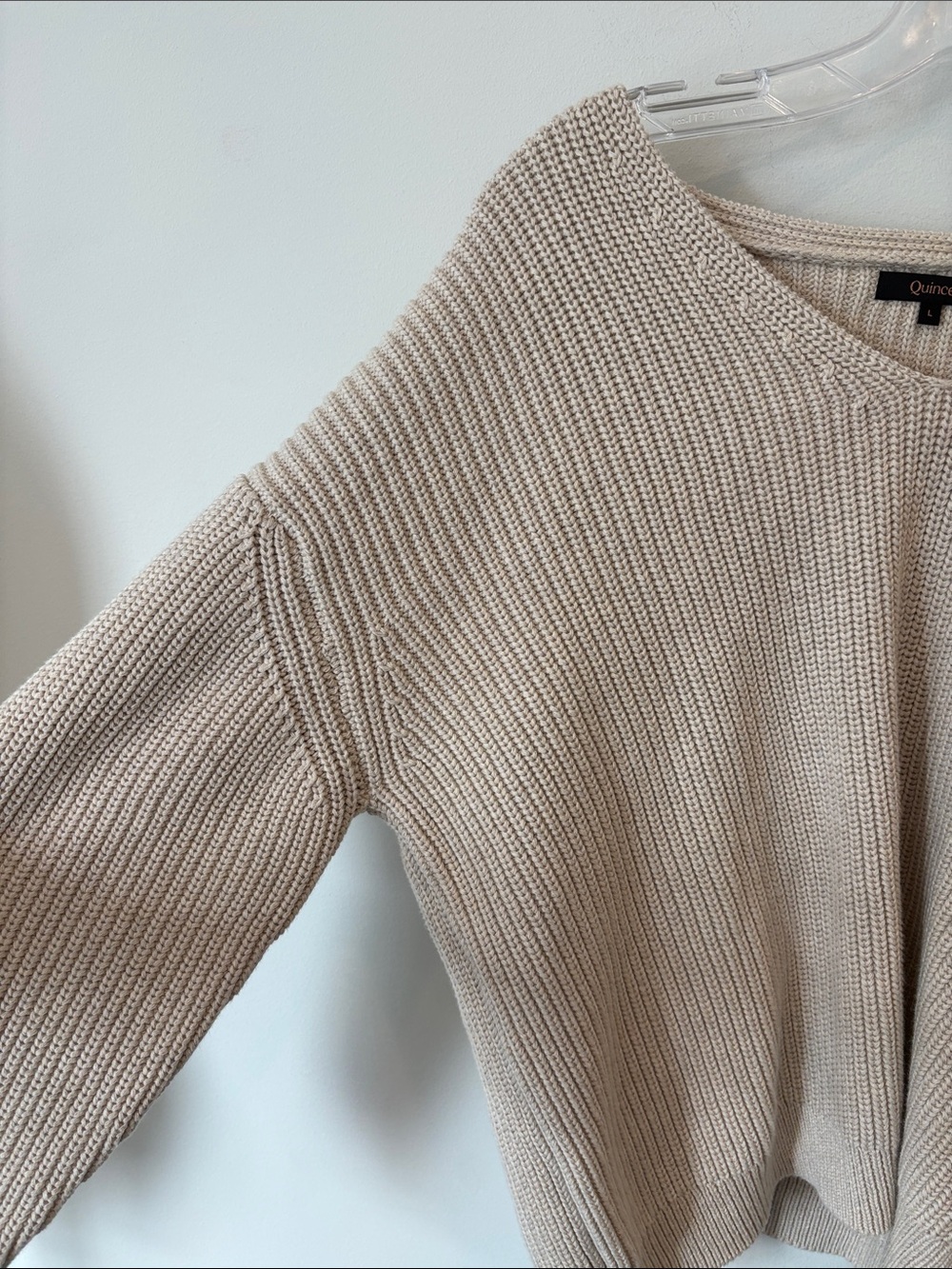 QUINCE Organic Cotton Fisherman Chunky Knit Cream V-Neck Ribbed Sweater Large - Picture 8 of 9